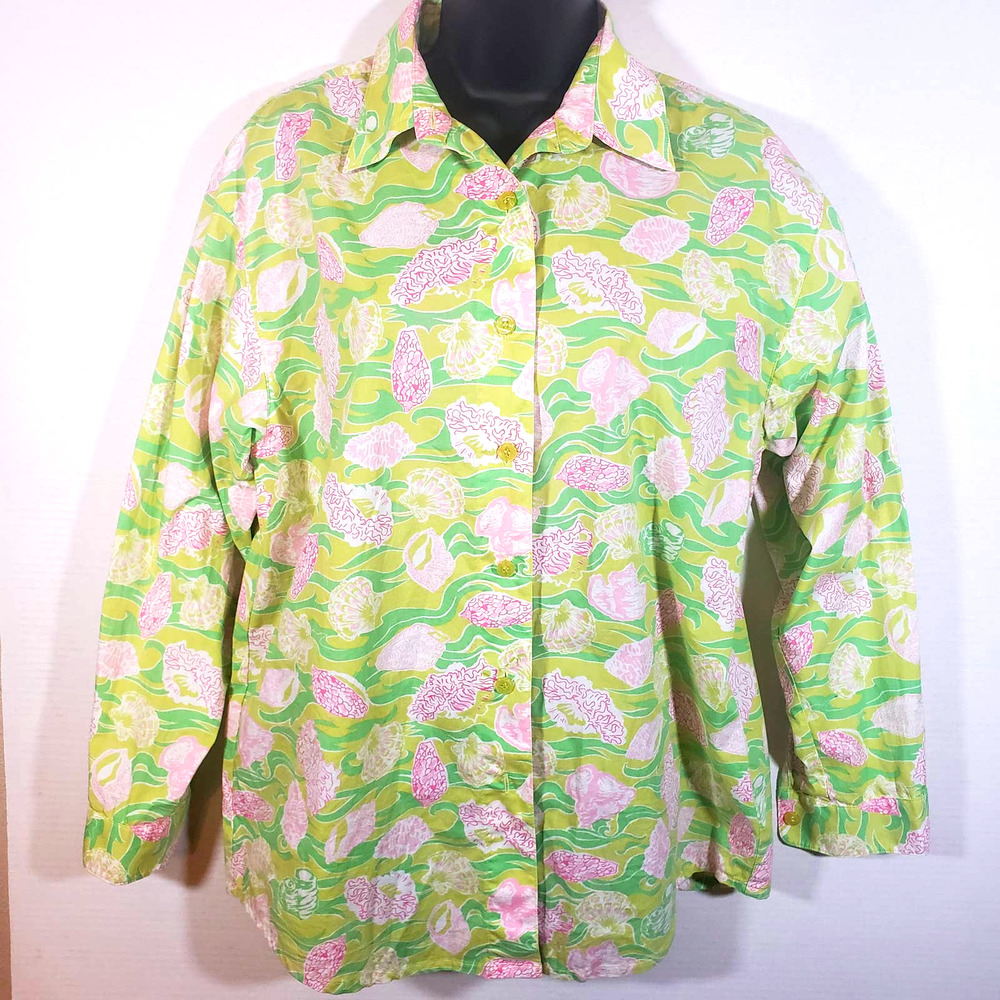 Vintage Key West Shells Button Up Top S Lime Pink